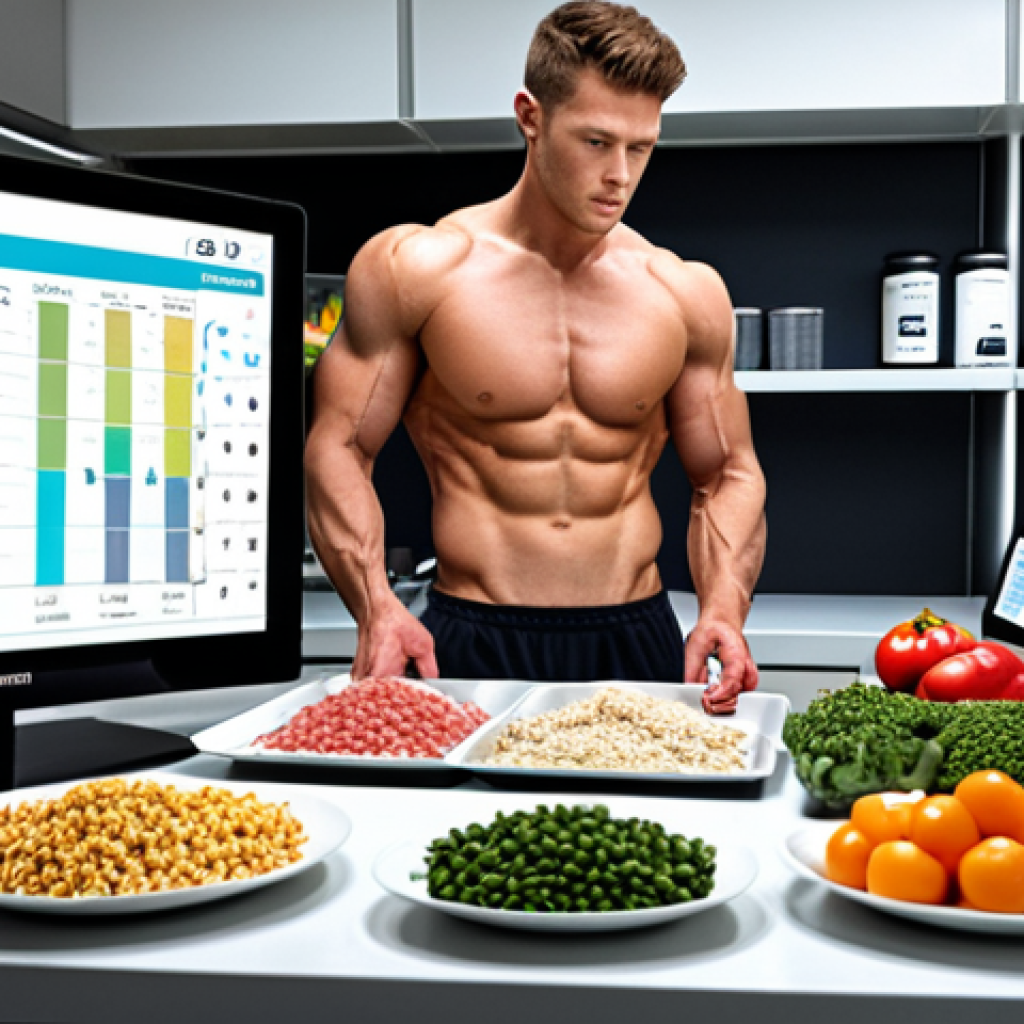 **Prompt 1 (Precision Nutrition Design):**
    A professional athlete standing in a modern, clean kitchen or sports science lab, surrounded by meticulously prepared, portioned meals and nutritional charts. Elements like precise weighing scales, food labels showing macro/micronutrient breakdowns, and a sleek tablet displaying complex dietary plans are visible. The overall mood should be scientific, detailed, and professional, emphasizing nutrition as a sophisticated science for peak performance and body composition.