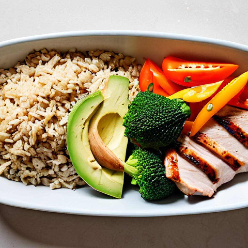 Balanced Plate for Athletes**

A vibrant, overhead shot of a balanced meal designed for athletes. The plate includes grilled chicken breast (protein), brown rice (complex carbohydrate), steamed broccoli and bell peppers (vitamins and minerals), and a slice of avocado (healthy fats). The composition emphasizes colorful, whole foods. Clean, minimalist background.

**