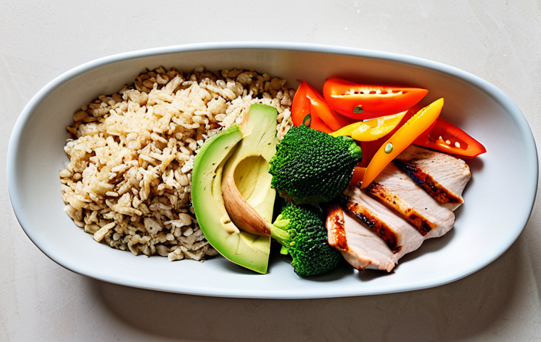 Balanced Plate for Athletes**
A vibrant, overhead shot of a balanced meal designed for athletes. The plate includes grilled chicken breast (protein), brown rice (complex carbohydrate), steamed broccoli and bell peppers (vitamins and minerals), and a slice of avocado (healthy fats). The composition emphasizes colorful, whole foods. Clean, minimalist background.
**