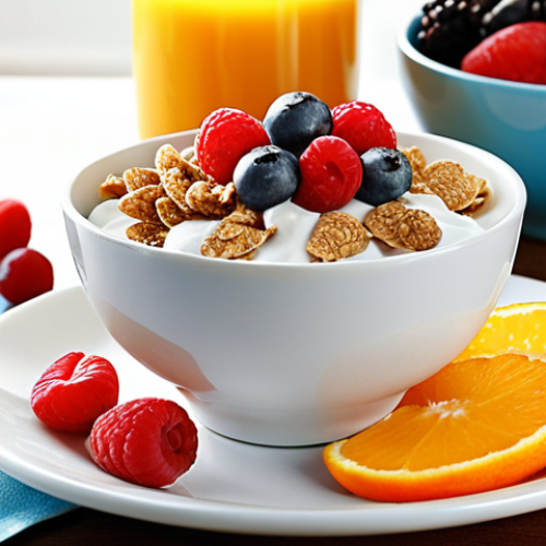 Home 20 Nutritious Breakfast**
A vibrant and appetizing breakfast scene featuring whole-grain cereal with berries, Greek yogurt, and a side of sliced fruits. Focus on bright, natural lighting to emphasize the freshness of the ingredients. Include a glass of orange juice.
**