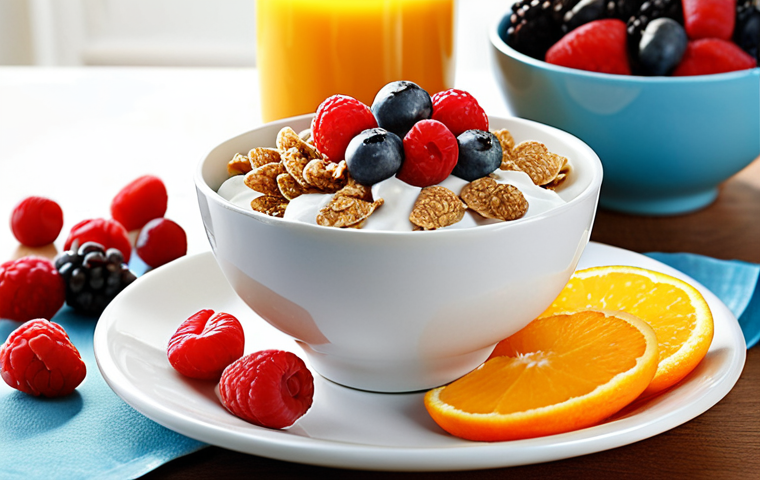 Nutritious Breakfast**
A vibrant and appetizing breakfast scene featuring whole-grain cereal with berries, Greek yogurt, and a side of sliced fruits. Focus on bright, natural lighting to emphasize the freshness of the ingredients. Include a glass of orange juice.
**