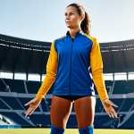 A powerful, professional female athlete in a modest, modern athletic uniform, confidently standing on a sports field. A subtle, abstract representation of a healthy gut microbiome as a vibrant, intricate, glowing network of beneficial microbes and cells protects her core, symbolizing internal strength and immunity. The background is a bright, professional sports arena with natural lighting. fully clothed, modest clothing, appropriate attire, professional dress, perfect anatomy, correct proportions, natural pose, well-formed hands, proper finger count, natural body proportions, safe for work, appropriate content, professional, high-resolution photography, sharp focus, cinematic lighting.