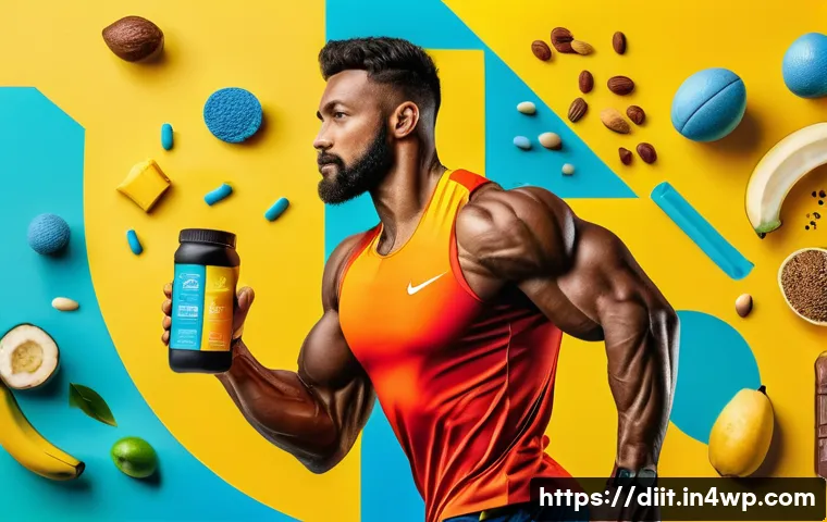 운동선수의 영양 요구와 건강한 체중 - A dynamic sports nutrition infographic showing a male athlete in mid-run surrounded by vibrant icons...