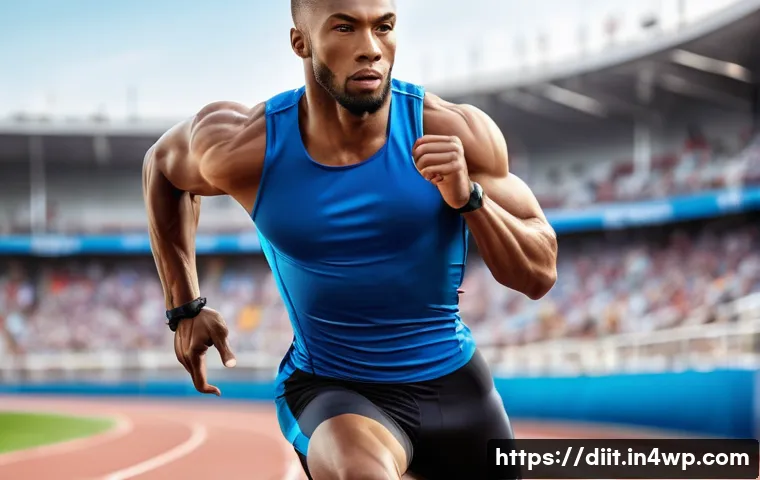 영양 요구에 따른 운동선수의 체형 변화 - A muscular male sprinter in athletic wear, showcasing a lean and defined physique with low body fat ...