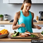 Home 17 운동선수의 체중 증가를 위한 영양 전략 - A detailed scene of a professional athlete’s balanced meal preparation on a kitchen counter, featuri...