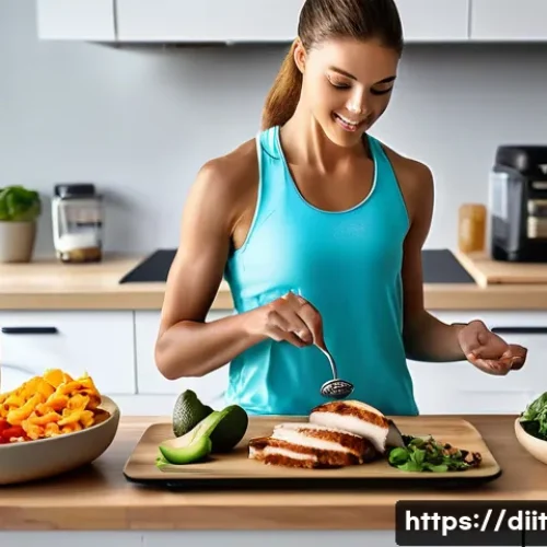 Home 29 운동선수의 체중 증가를 위한 영양 전략 - A detailed scene of a professional athlete’s balanced meal preparation on a kitchen counter, featuri...